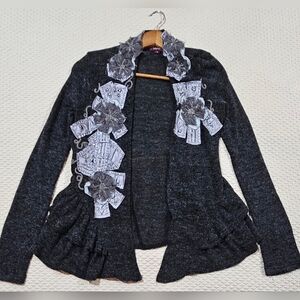 Lulumari Charcoal Gray Ruffle Cardigan‎ with Floral Appliqué Accents Size S
